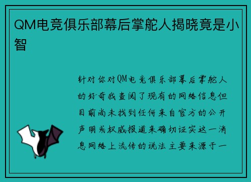QM电竞俱乐部幕后掌舵人揭晓竟是小智