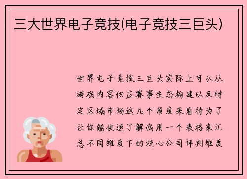 三大世界电子竞技(电子竞技三巨头)