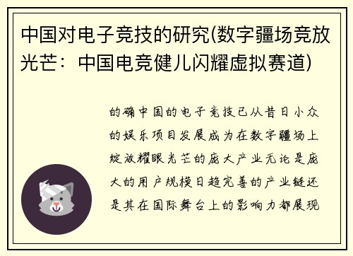 中国对电子竞技的研究(数字疆场竞放光芒：中国电竞健儿闪耀虚拟赛道)