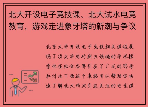 北大开设电子竞技课、北大试水电竞教育，游戏走进象牙塔的新潮与争议