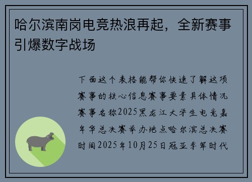 哈尔滨南岗电竞热浪再起，全新赛事引爆数字战场